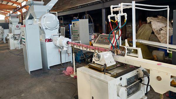 Full automatic bar soap production line, vacuum soap plodder and soap cutting machine in factory workshop