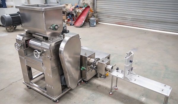 Side view of integrated soap making machine: mixer, three roller mill, plodder, manual soap cutter