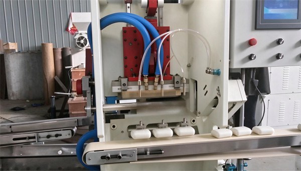 Automatic 1-die-3 soap stamping machine, pneumatic bar soap logo embossing stamper for soap production line
