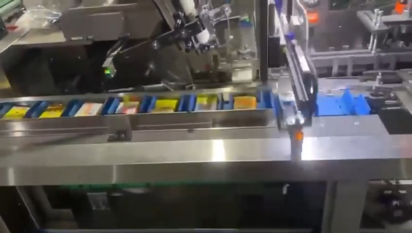 Automatic soap cartoning machine, wrapped soap bars moving on conveyor