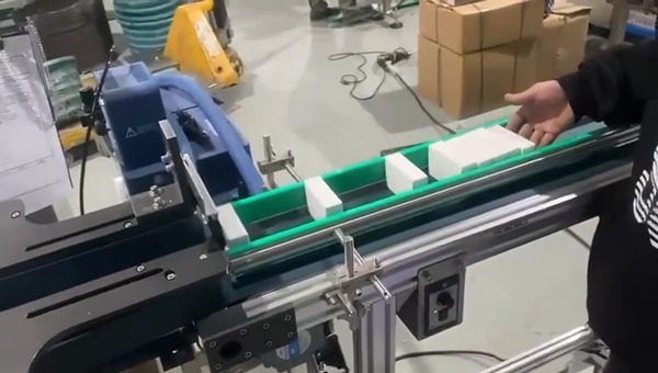 Filled white paper cartons with soap bars moving on cartoning machine conveyor